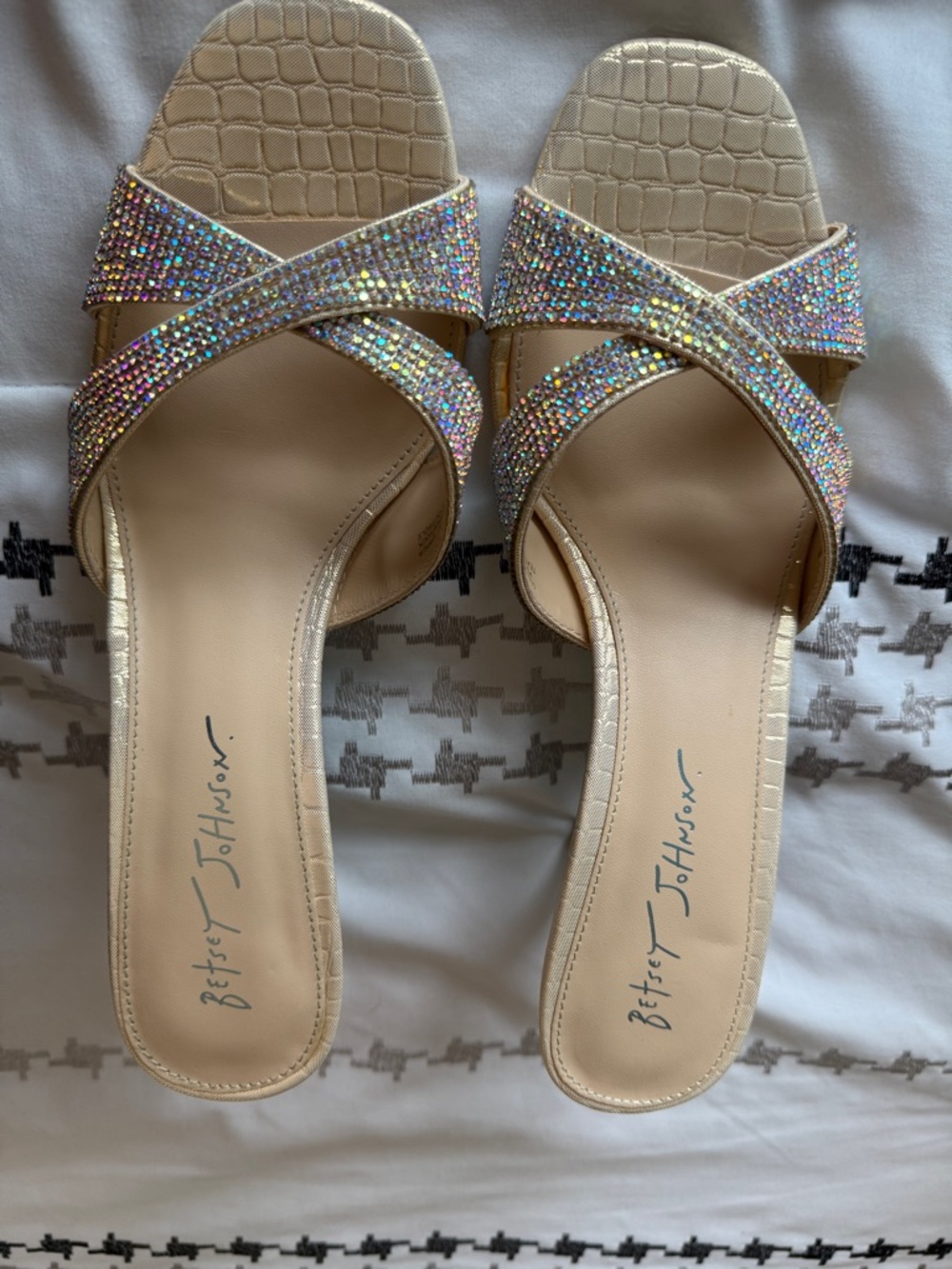 Betsey Johnson Champagne Iridescent Crystal Crossover Mules
